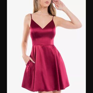 B Darlin Satin Fit & Flare Dress with Pockets Shade Cranberry Red Size 0